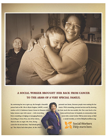 a woman holds a person in her arms, headine: A social worker brought her back from cancer to the arms of a very special family; woman in business suit, headline: Social workers, help starts here